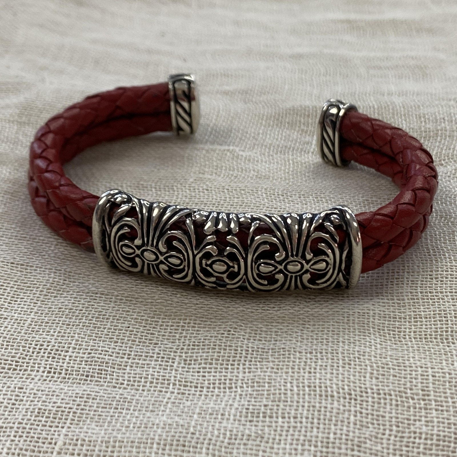 Vintage Espo 925 Sterling Silver Red Leather Cuff Bracelet 7 In Braided Western